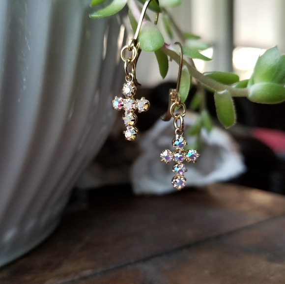 Jewelry - Tiny Iridescent Cross Earrings